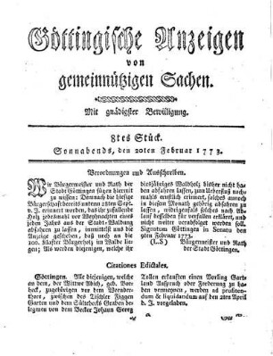 8tes Stück. Sonnabends, den 20ten Februar 1773.