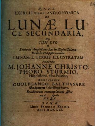 Exercitatio Astronomica De Lunae Luce Secundaria