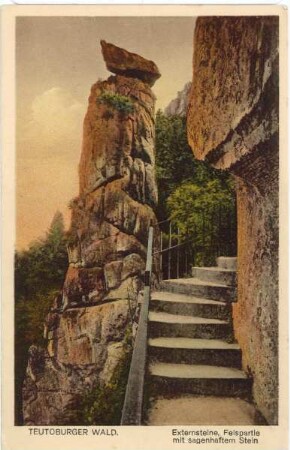Postkarte, farbig, unbeschriftet. Externsteine. - Hochformat, Treppe, Felspartie mit sagenhaftem Stein, Teutoburger Wald. - Querformat, gemalt, Externsteine vom See aus. - Querformat, Externsteine vom See aus