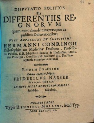 Dispvtatio Politica De Differentiis Regnorvm