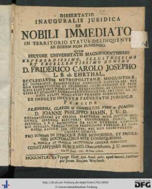 Dissertatio Inauguralis Juridica De Nobili Immediato, In Territorio Status Delinquente Eb Eodem Non Puniendo