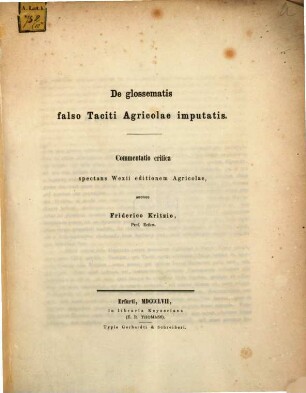 De glossematis falso Taciti Agricolae imputatis : Commentatio critica spectans Wexii editionem Agricolae