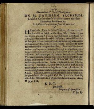 Ad ... Dn. M. Danielem Sachsium ...