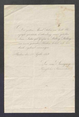 Geburtsanzeige des königlichen Kammerherrn Leo von Savigny über seinen Sohn Franz