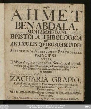Ahmet Ben-Abdala, Mohammedani Epistola Theologica De Articulis Qvibusdam Fidei Ad Serenissimos Auriacum Et Portugalliæ Principes Scripta