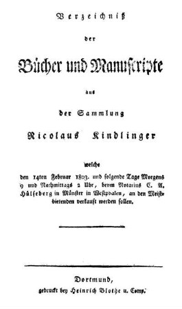 Verzeichniß der Bücher und Manuscripte aus der Sammlung Nicolaus Kindlinger