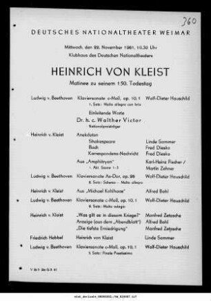 Heinrich von Kleist Matinee zu seinem 150. Todestag