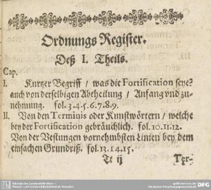 Ordnungs Register. Deß I. Theils.