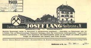 Rechnung von Dachdeckermeister Josef Lang mit Firmenansicht Neckarsulmer Straße 47