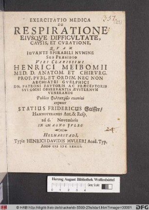Exercitatio Medica De Respiratione Eiusque Difficultate, Causis, Et Curatione