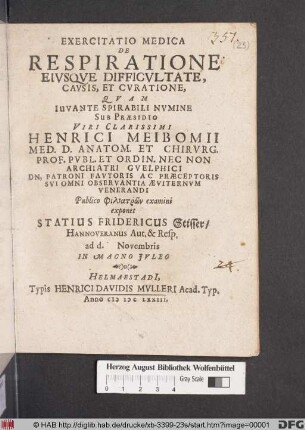 Exercitatio Medica De Respiratione Eiusque Difficultate, Causis, Et Curatione