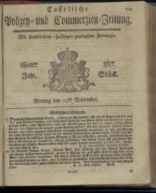 38tes Stueck, Montag den 13ten September 1802