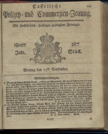38tes Stueck, Montag den 13ten September 1802