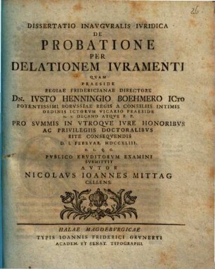 Dissertatione inauguralis iuridica de probatione per delationem iuramenti