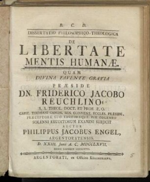 Dissertatio Philosophico-Theologica De Libertate Mentis Humanæ
