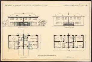 Zweifamilienhaus Monatskonkurrenz Februar 1930: Grundriss Erdgeschoss, Obergeschoss, Aufriss Straßenansicht, Gartenansicht; Maßstabsleiste