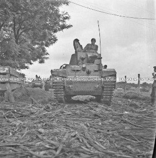 Panzer (Typ 35t?) der Wehrmacht auf einer baumgesäumten Straße