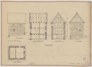 Endorf (Kreis Arnsberg): Hof Schlotmann. Speicher (Grundriss, Ansichten, Schnitte)