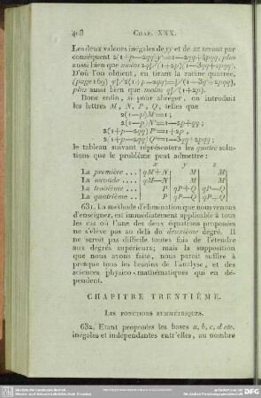 Chapitre trentième. Les Fonctions symétriques