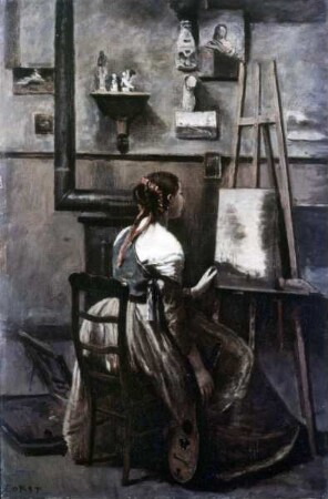 Das Atelier des Künstlers - junge Frau vor einer Staffelei