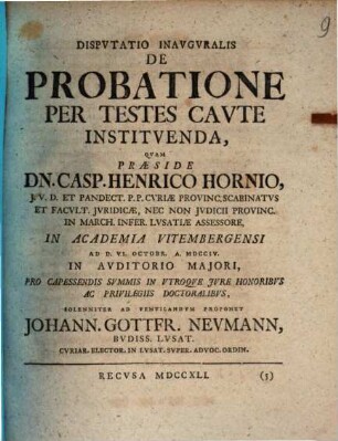 Disputatio Inauguralis De Probatione Per Testes Caute Instituenda