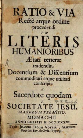 Ratio et via recte atque ordine procedendi in literis humanioribus