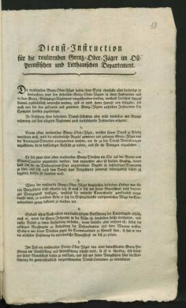 Dienst-Instruction für die roulirenden Grenz-Ober-Jäger im Ost-Preussischen und Litthauischen Departement : (Gegeben Berlin, den 17. März 1794)