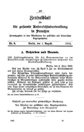 Zahlungstermin für die Remuneration an im Staatsdienste beschäftigte Hilfsarbeiter während der Probedienstleistung : [A. Behörden und Beamte]
