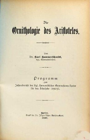 Die Ornithologie des Aristoteles