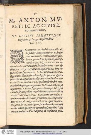 M. Anton. Mureti I.C. ac Civis R. commentarius, De Legibus Senatusque consultis, & longa consuetudine Tit. III.