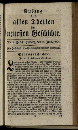 XXIX. Stück. Coburg, den 16. Julii, 1760.