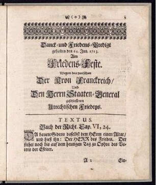 Danck- und Friedens-Predigt gehalten den 14. Jun. 1713. ...