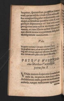 Petrus Wesenbecius Matthaeo Vuesenbecio patruo suo. S.