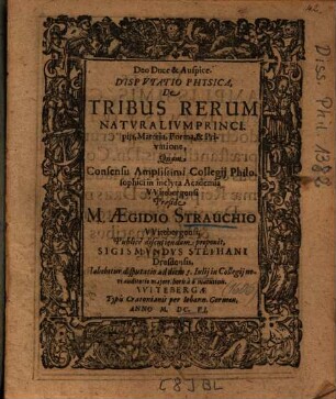 Dispvtatio Physica, De Tribus Rerum Natvralivm Principijs, Materia, Forma, & Privatione