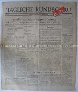 Sowjetische Tageszeitung für die deutsche Bevölkerung "Tägliche Rundschau" zur Urteilsverkündigung in Nürnberg