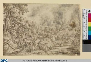 Landschaft mit der fliehenden Familie des Loth, im Hintergrund die brennenden Städte Sodom und Gomorrha