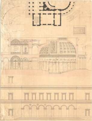 Gärtner, Friedrich von; Konzertsaal - Teilgrundriss, Teilansicht, Schnitt
