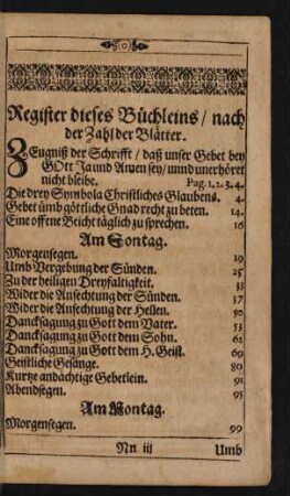 Register dieses Büchleins/ nach Zahl der Blätter