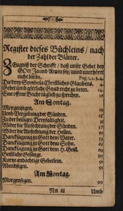 Register dieses Büchleins/ nach Zahl der Blätter