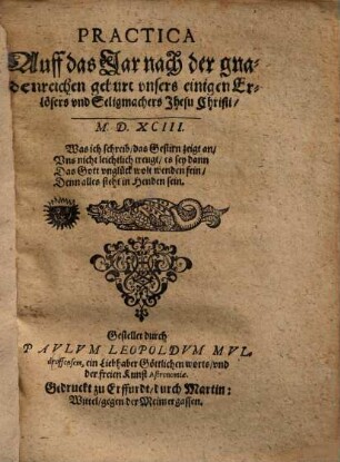 Practica Auff das Jar nach der gnadenreichen geburt ... Jhesu Christi