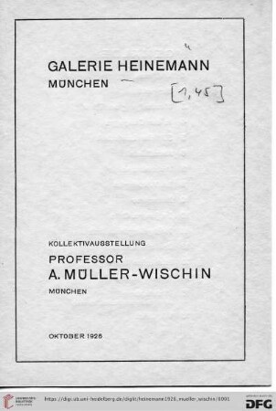 Kollektivausstellung Professor A. Müller-Wischin, München : Oktober 1926