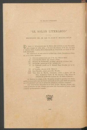 "El Salón Literario" : Recepción del Sr. Lic. Juan F. Molina Solís.