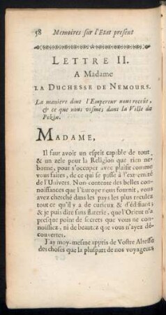 Lettre II. A Madame la Duchesse de Nemours. La maniere dont Empereur nous receût, ...