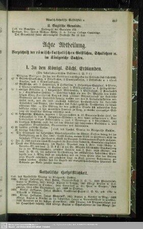 Achte Abtheilung. Verzeichniß der römisch-katholischen Geistlichen, Schullehrer etc. im Königreiche Sachsen