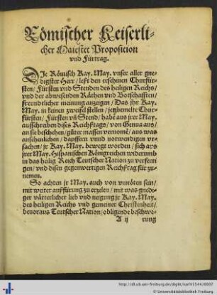 Römischer Kaiserlicher Majestät Proposition und Fürtrag.