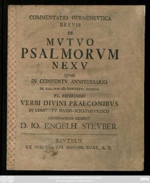 Commentatio Hermenevtica Brevis De Mvtvo Psalmorvm Nexv