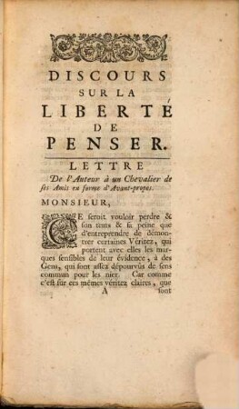 Discours sur la liberté de penser ...