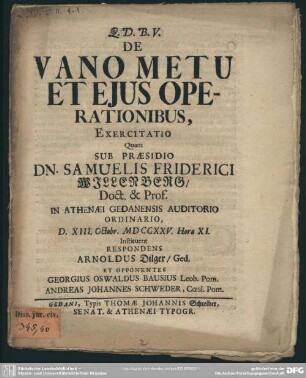 De Vano Metu Et Eius Operationibus, Exercitatio