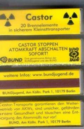 Streichholzschachtel einer Aktion gegen die Castortransporte vor dem Innenministerium