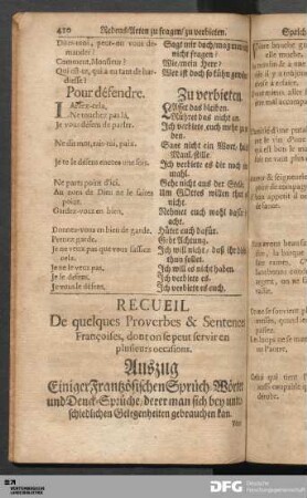 Recueil De quelques Proverbes & Sentences Françoises ... Auszug Einiger Frantzösischen Sprüch-Wörter und Denck-Sprüche...
